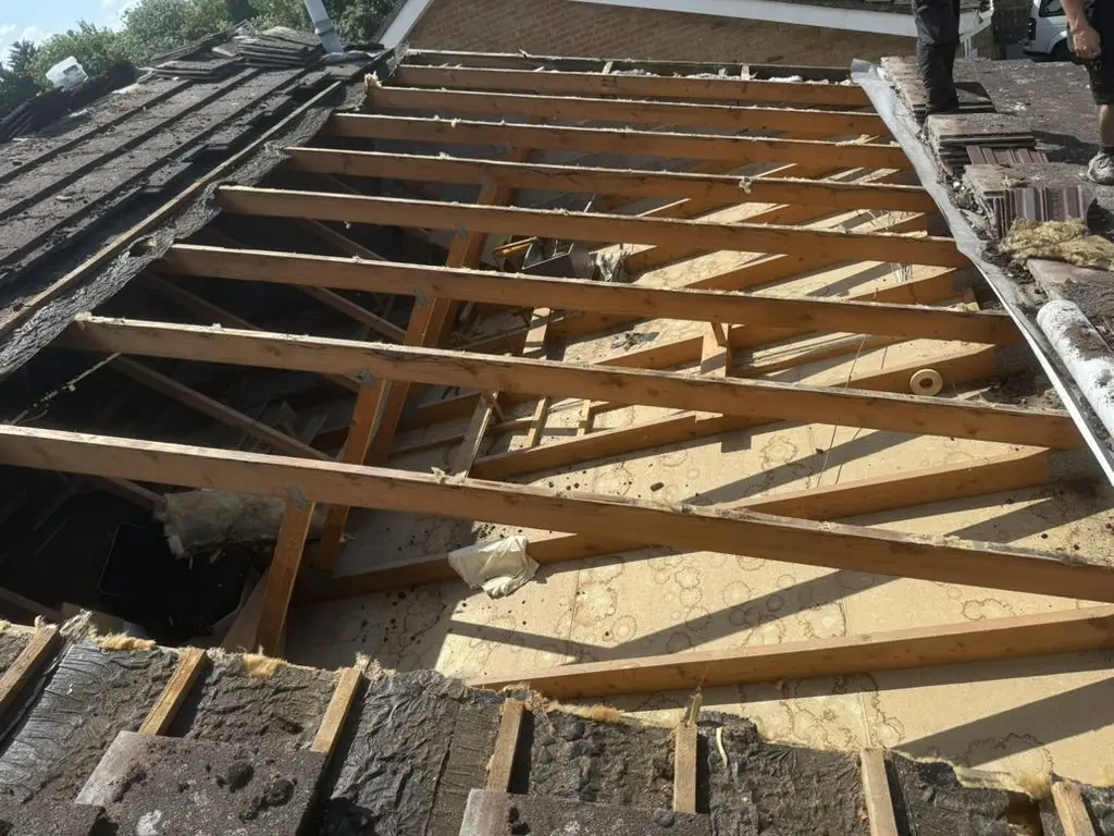 Roof stripped back to the rafters during a full re-roof near Grantham